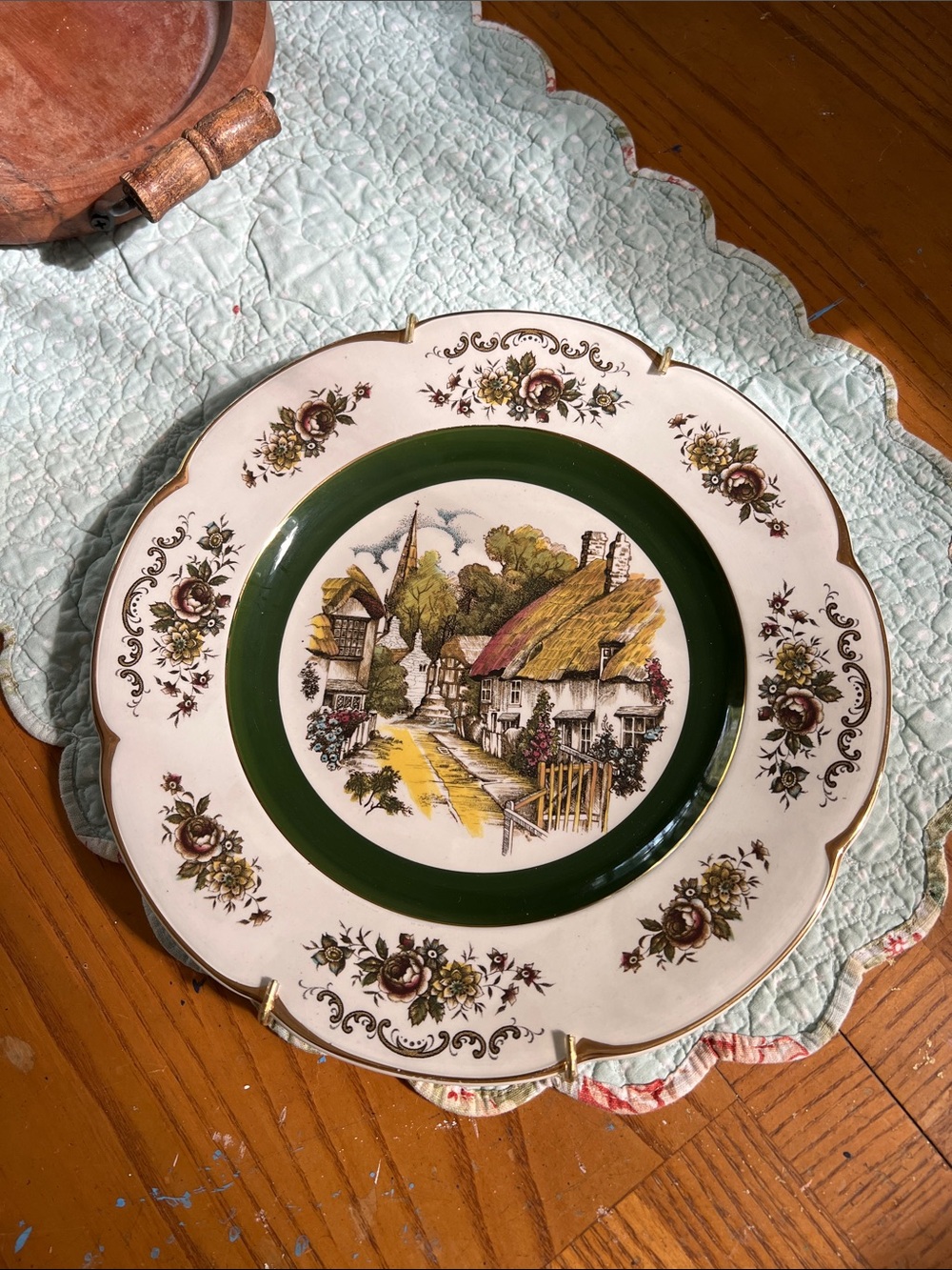 Vintage Decorative Village Scene Ceramic Plate - Green & Cream